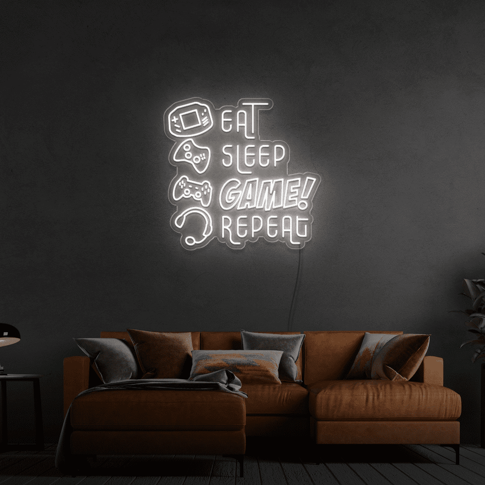 EAT SLEEP GAME REPEAT WHITE COLOR LED NEON SIGN